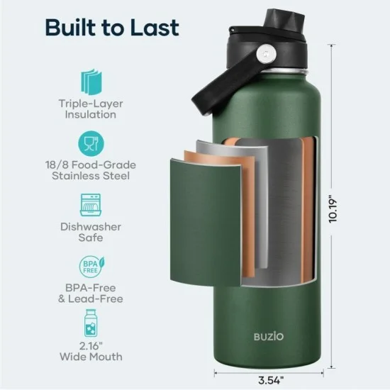 Buzio Duet Series Water Bottle with 2 Lids and Sleeve 1.2L - Dark Green